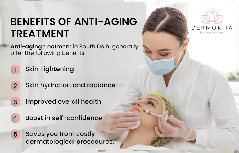 Anti-aging treatments in South Delhi generally offer the following benefits: skin tightening, enhanced skin hydration and radiance, improved overall health, a boost in self-confidence, and savings from costly dermatological procedures.