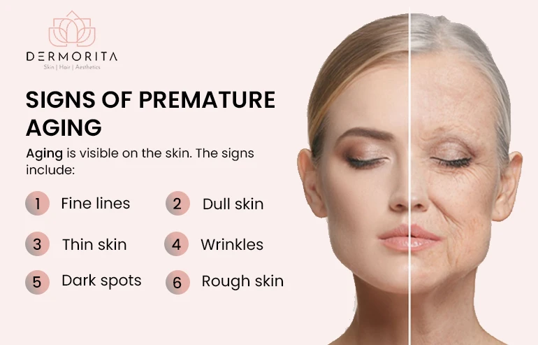 Signs of premature aging are visible on the skin and include fine lines, thin skin, wrinkles, dark spots, dull skin, and rough skin.